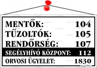 Információs tábla, 22,5x12,5 cm, "Mentők tűzoltók, rendőrség telefonszámok", fehér