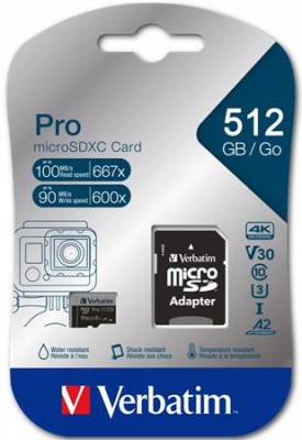 Memóriakártya, microSDXC, 512GB, CL10/U3/A2, 100/90 MB/s, adapter, VERBATIM "PRO"